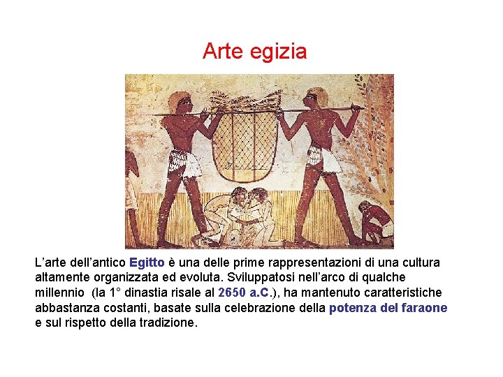 Arte egizia L’arte dell’antico Egitto è una delle prime rappresentazioni di una cultura altamente