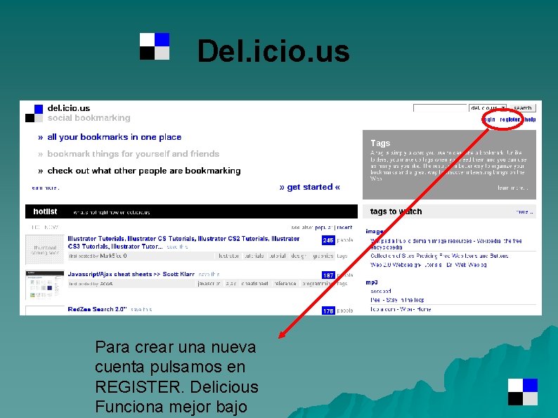 Del. icio. us Para crear una nueva cuenta pulsamos en REGISTER. Delicious Funciona mejor