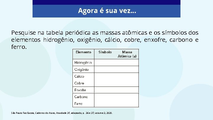 Agora é sua vez. . . Pesquise na tabela periódica as massas atômicas e