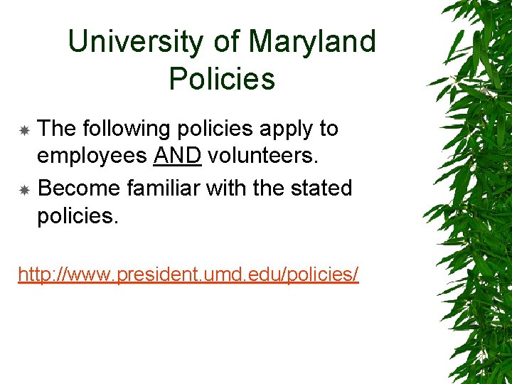 University of Maryland Policies The following policies apply to employees AND volunteers. Become familiar