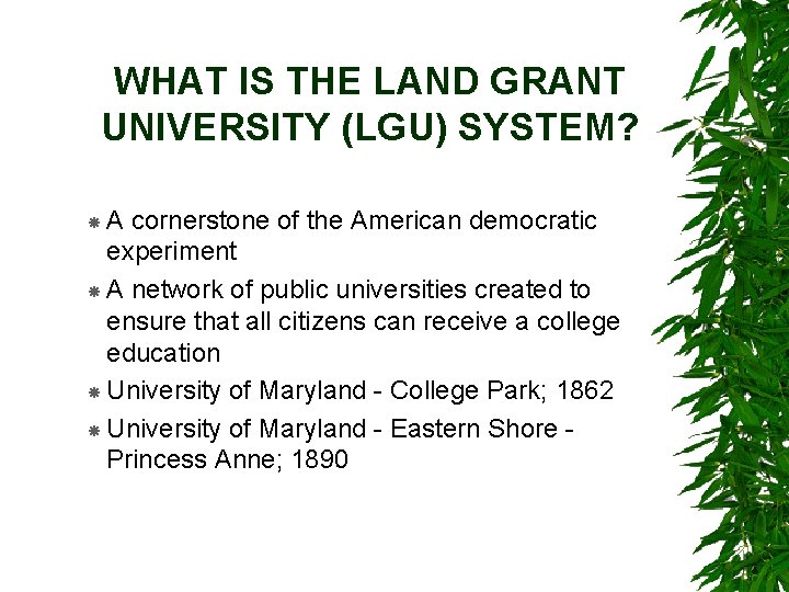 WHAT IS THE LAND GRANT UNIVERSITY (LGU) SYSTEM? A cornerstone of the American democratic