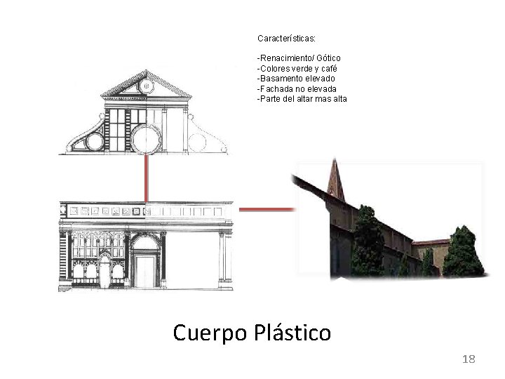 Características: -Renacimiento/ Gótico -Colores verde y café -Basamento elevado -Fachada no elevada -Parte del