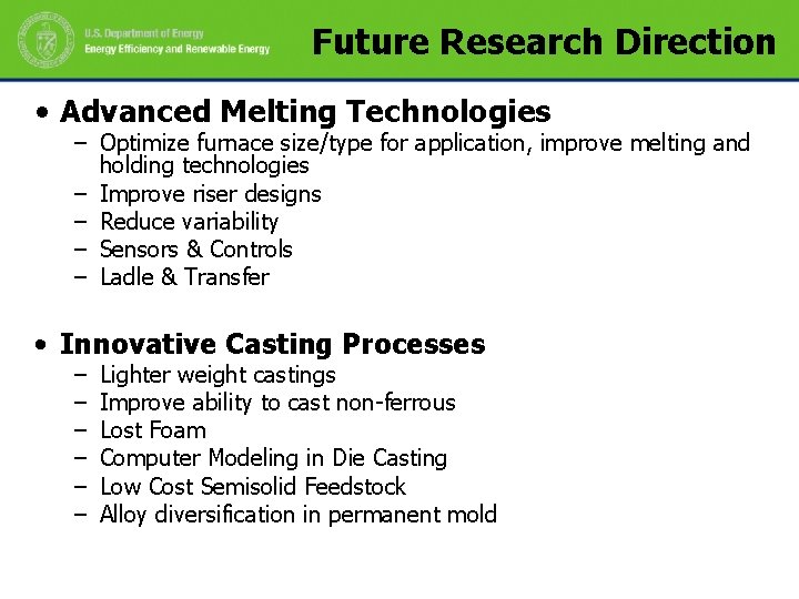 Future Research Direction • Advanced Melting Technologies – Optimize furnace size/type for application, improve