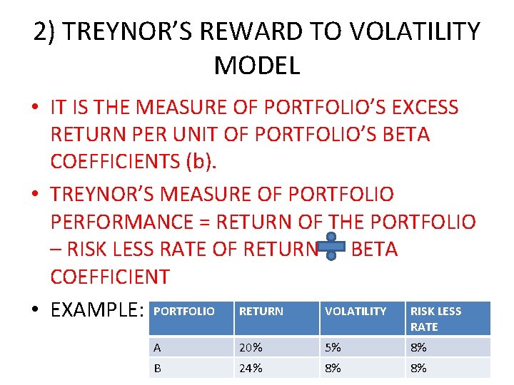 2) TREYNOR’S REWARD TO VOLATILITY MODEL • IT IS THE MEASURE OF PORTFOLIO’S EXCESS