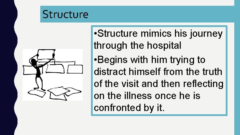 Structure • Structure mimics his journey through the hospital • Begins with him trying