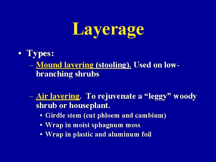 Layerage • Types: – Mound layering (stooling). Used on lowbranching shrubs – Air layering.