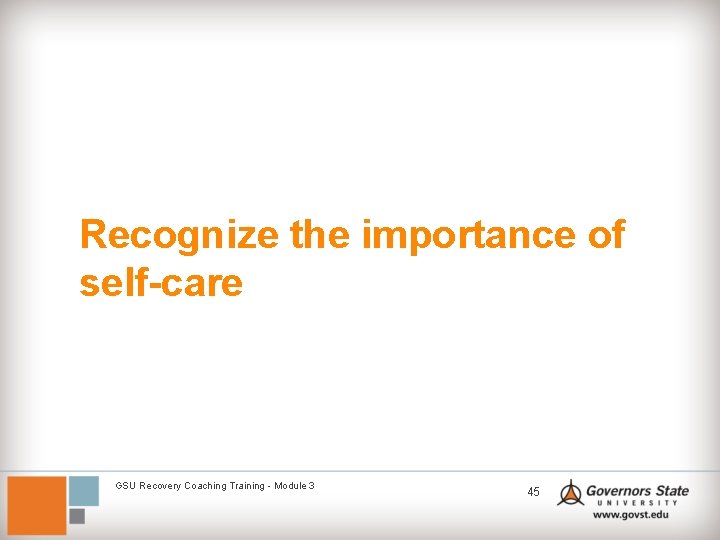 Recognize the importance of self-care GSU Recovery Coaching Training - Module 3 45 
