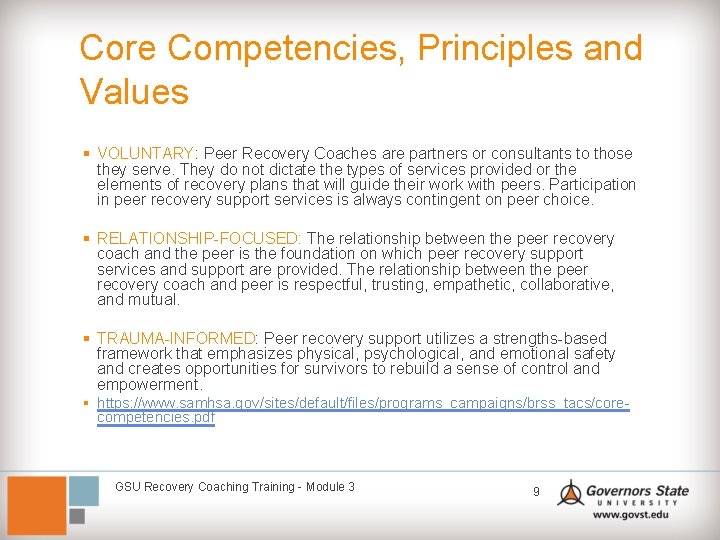 Core Competencies, Principles and Values § VOLUNTARY: Peer Recovery Coaches are partners or consultants