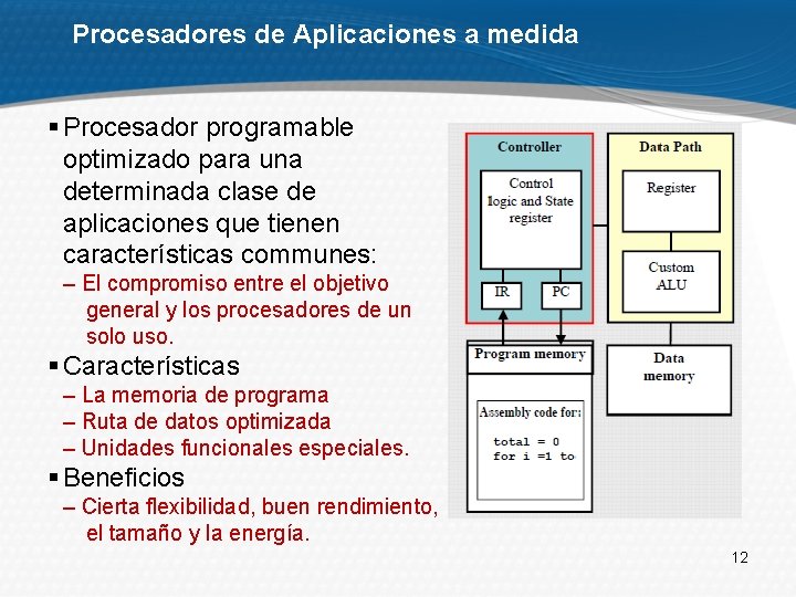 Procesadores de Aplicaciones a medida § Procesador programable optimizado para una determinada clase de