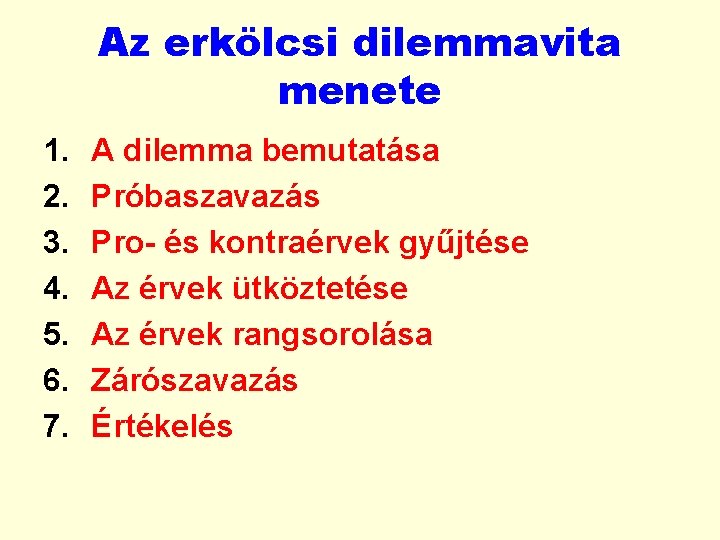 Az erkölcsi dilemmavita menete 1. 2. 3. 4. 5. 6. 7. A dilemma bemutatása