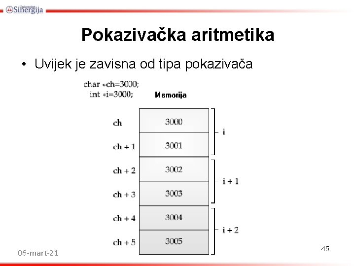 Pokazivačka aritmetika • Uvijek je zavisna od tipa pokazivača 06 -mart-21 45 Pokazivačka aritmetika • Uvijek je zavisna od tipa pokazivača 06 -mart-21 45