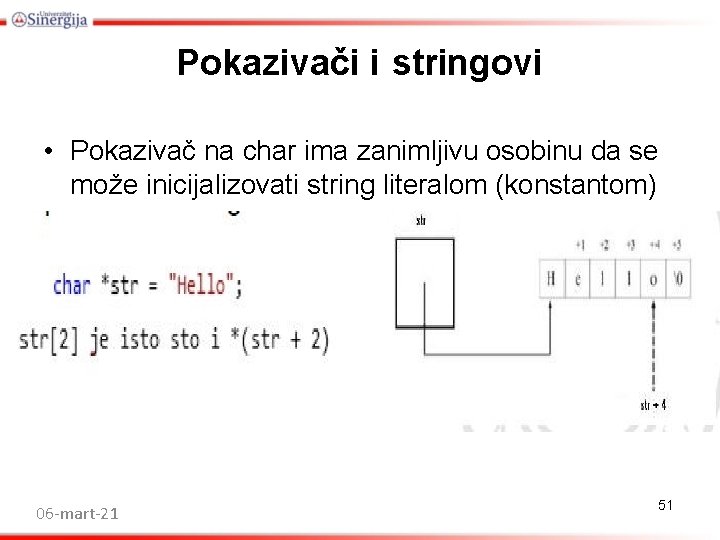Pokazivači i stringovi • Pokazivač na char ima zanimljivu osobinu da se može inicijalizovati Pokazivači i stringovi • Pokazivač na char ima zanimljivu osobinu da se može inicijalizovati