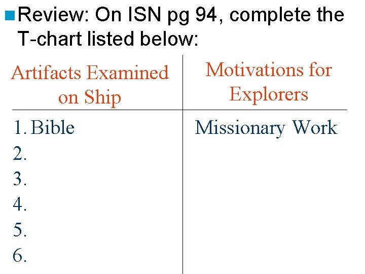 n Review: On ISN pg 94, complete the T-chart listed below: Motivations for Artifacts