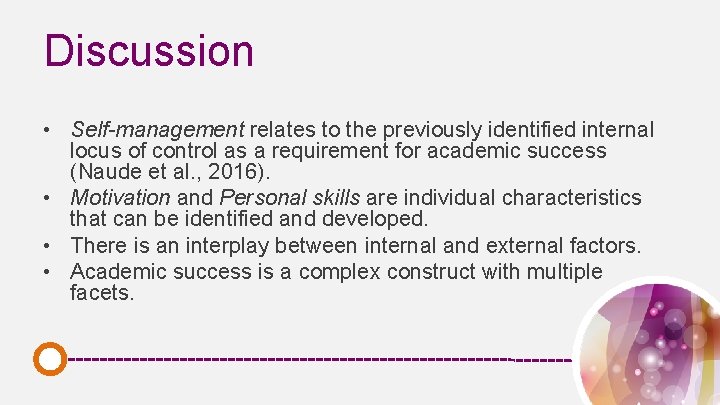 Discussion • Self-management relates to the previously identified internal locus of control as a