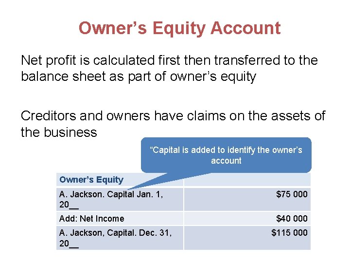 Owner’s Equity Account Net profit is calculated first then transferred to the balance sheet