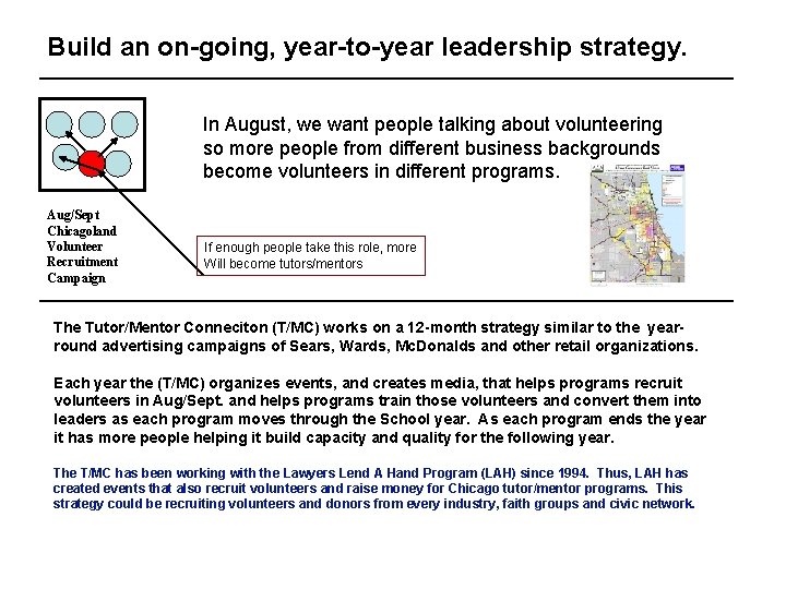 Build an on-going, year-to-year leadership strategy. In August, we want people talking about volunteering