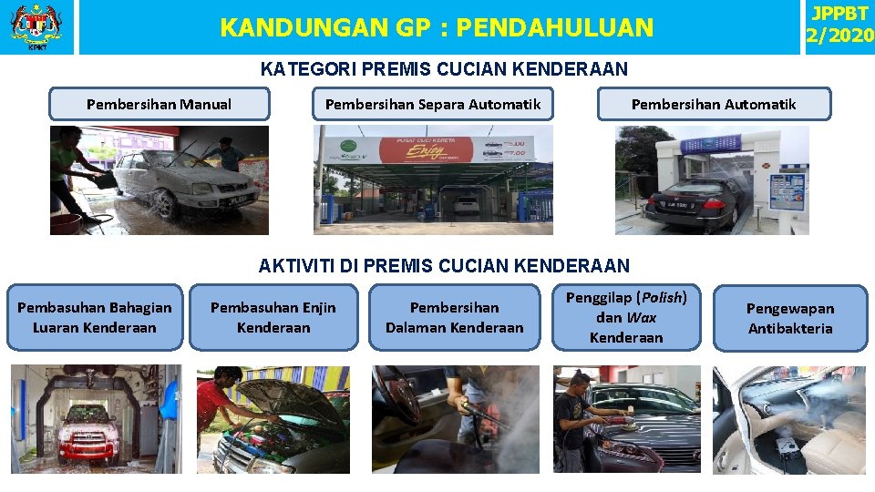 JPPBT 2/2020 PENDAHULUAN KANDUNGAN GP : PENDAHULUAN KATEGORI PREMIS CUCIAN KENDERAAN Pembersihan Manual Pembersihan