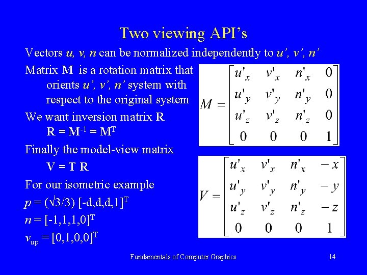 Two viewing API’s Vectors u, v, n can be normalized independently to u’, v’,