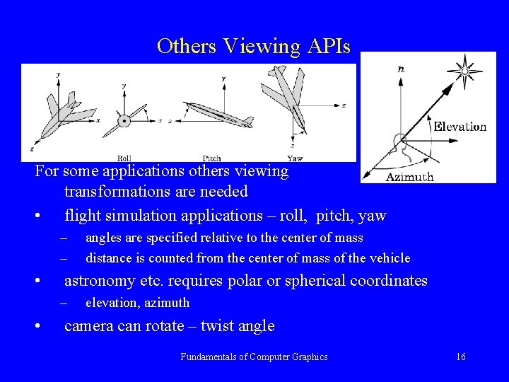 Others Viewing APIs For some applications others viewing transformations are needed • flight simulation