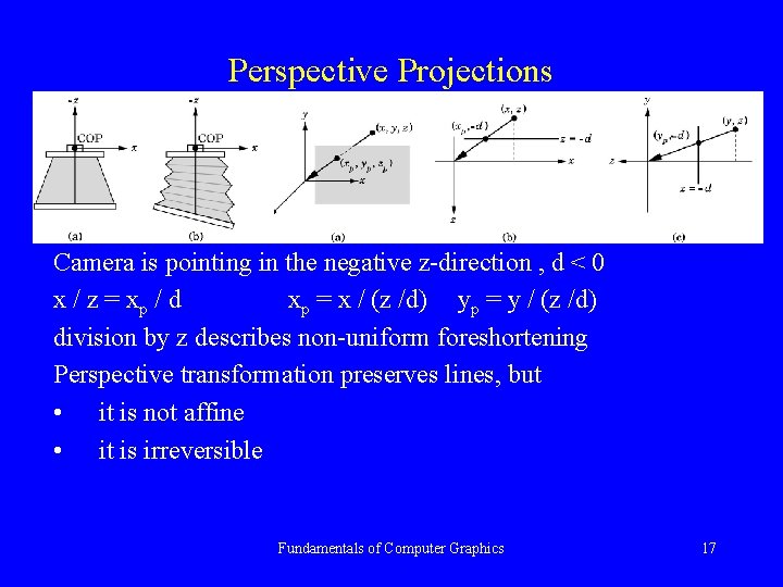 Perspective Projections Camera is pointing in the negative z-direction , d < 0 x