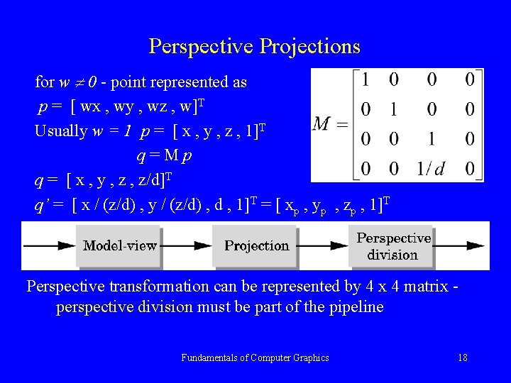 Perspective Projections for w 0 - point represented as p = [ wx ,