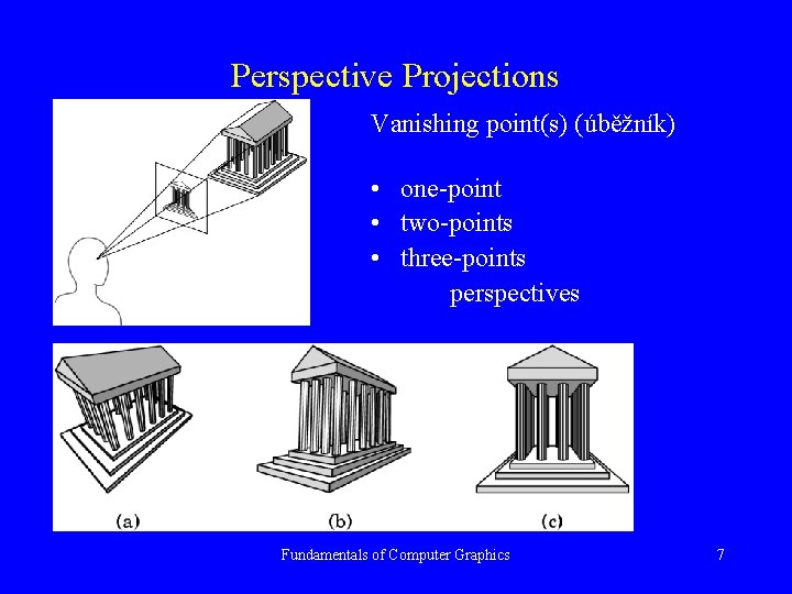Perspective Projections Vanishing point(s) (úběžník) • one-point • two-points • three-points perspectives Fundamentals of