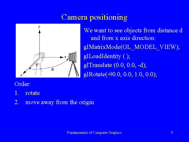 Camera positioning We want to see objects from distance d and from x axis