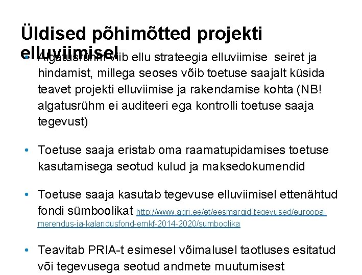 Üldised põhimõtted projekti elluviimisel • Algatusrühm viib ellu strateegia elluviimise seiret ja hindamist, millega