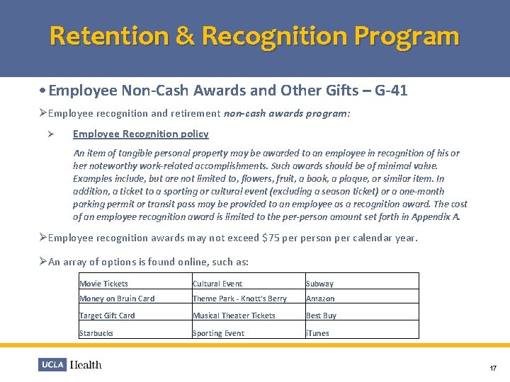 Retention & Recognition Program • Employee Non-Cash Awards and Other Gifts – G-41 Ø