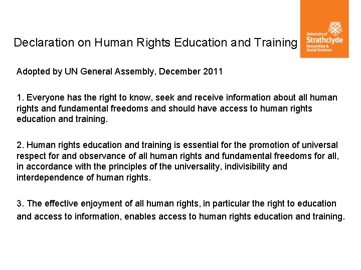 Declaration on Human Rights Education and Training Adopted by UN General Assembly, December 2011