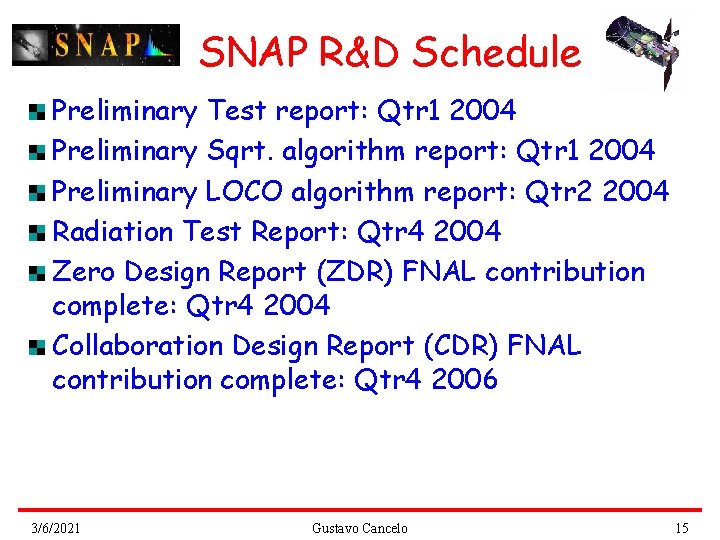 SNAP R&D Schedule Preliminary Test report: Qtr 1 2004 Preliminary Sqrt. algorithm report: Qtr