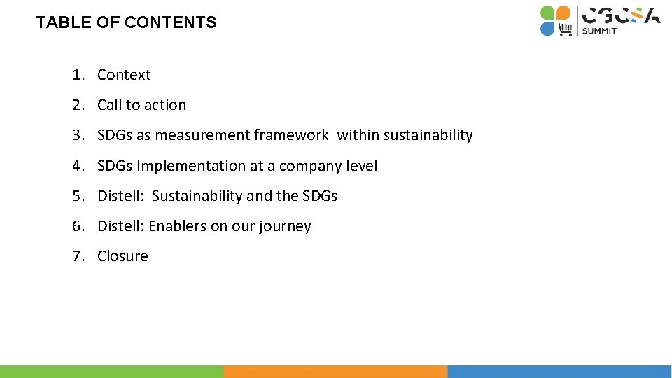 TABLE OF CONTENTS 1. Context 2. Call to action 3. SDGs as measurement framework