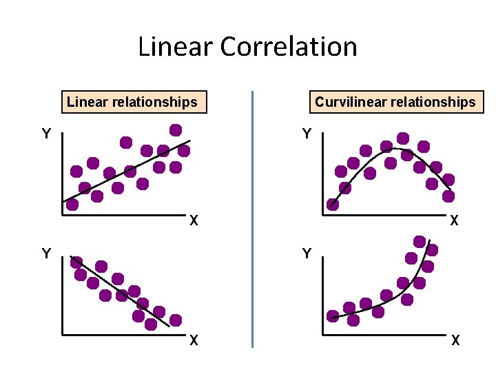 Linear Correlation Linear relationships Y Curvilinear relationships Y X Y X X 
