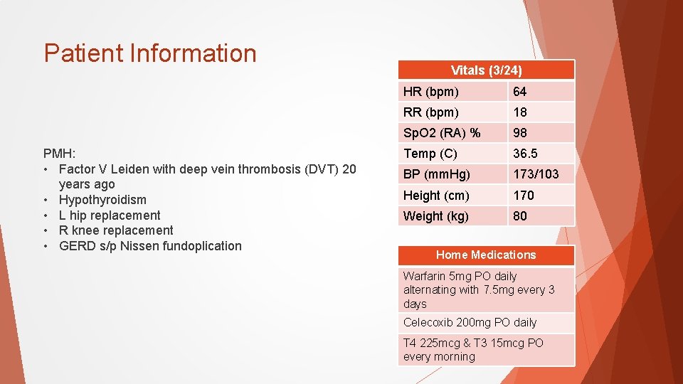 Patient Information PMH: • Factor V Leiden with deep vein thrombosis (DVT) 20 years