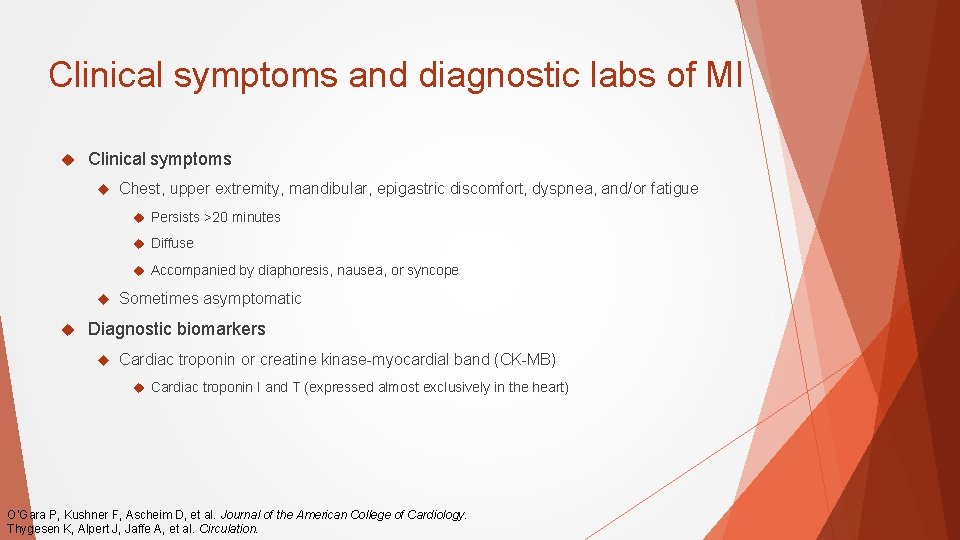 Clinical symptoms and diagnostic labs of MI Clinical symptoms Chest, upper extremity, mandibular, epigastric