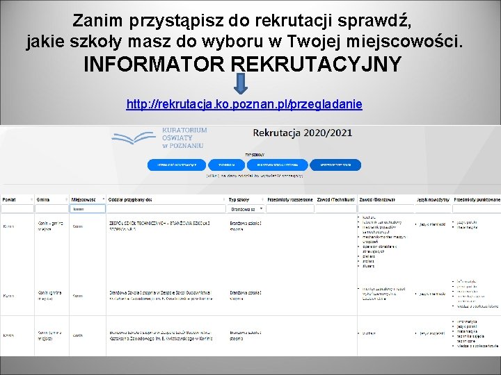 Zanim przystąpisz do rekrutacji sprawdź, jakie szkoły masz do wyboru w Twojej miejscowości. INFORMATOR