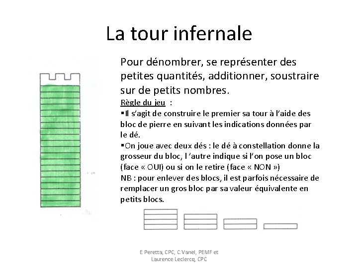 La tour infernale Pour dénombrer, se représenter des petites quantités, additionner, soustraire sur de