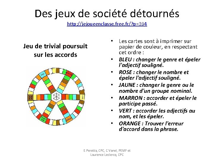 Des jeux de société détournés http: //jejoueenclasse. free. fr/? p=394 Jeu de trivial poursuit
