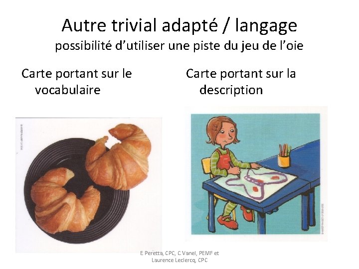 Autre trivial adapté / langage possibilité d’utiliser une piste du jeu de l’oie Carte
