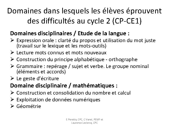 Domaines dans lesquels les élèves éprouvent des difficultés au cycle 2 (CP-CE 1) Domaines