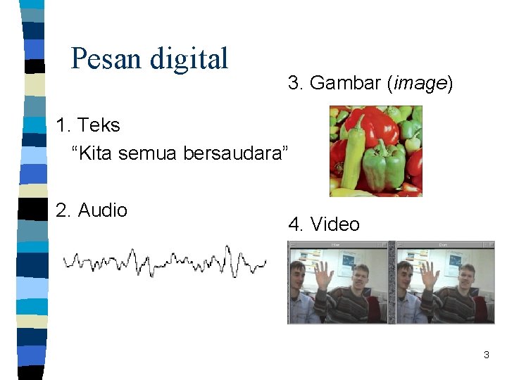 Pesan digital 3. Gambar (image) 1. Teks “Kita semua bersaudara” 2. Audio 4. Video