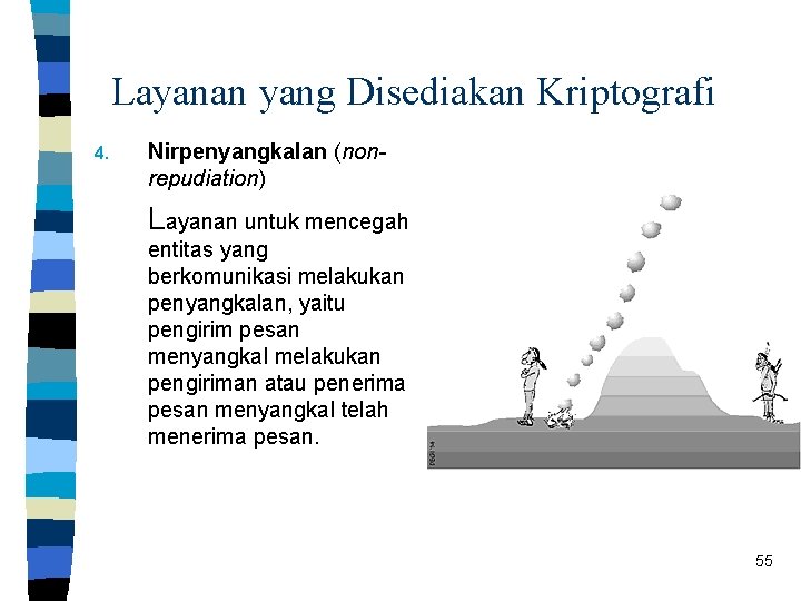 Layanan yang Disediakan Kriptografi 4. Nirpenyangkalan (nonrepudiation) Layanan untuk mencegah entitas yang berkomunikasi melakukan