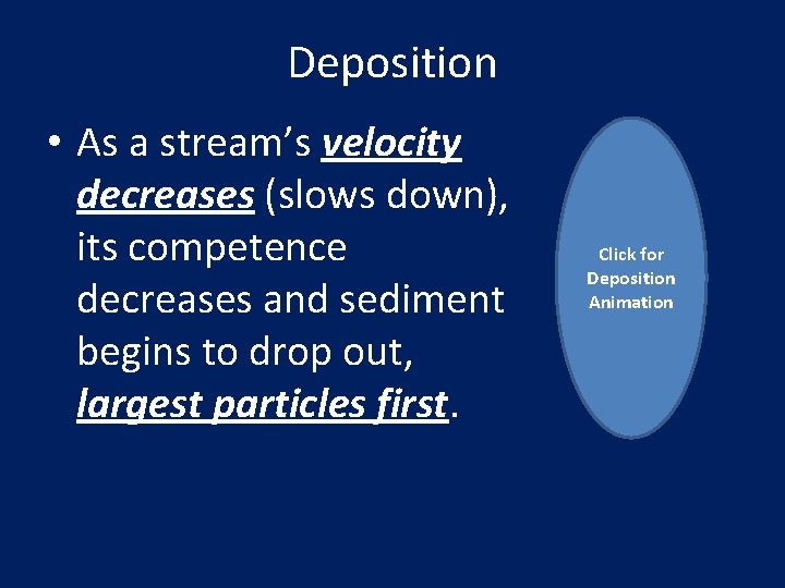 Deposition • As a stream’s velocity decreases (slows down), its competence decreases and sediment