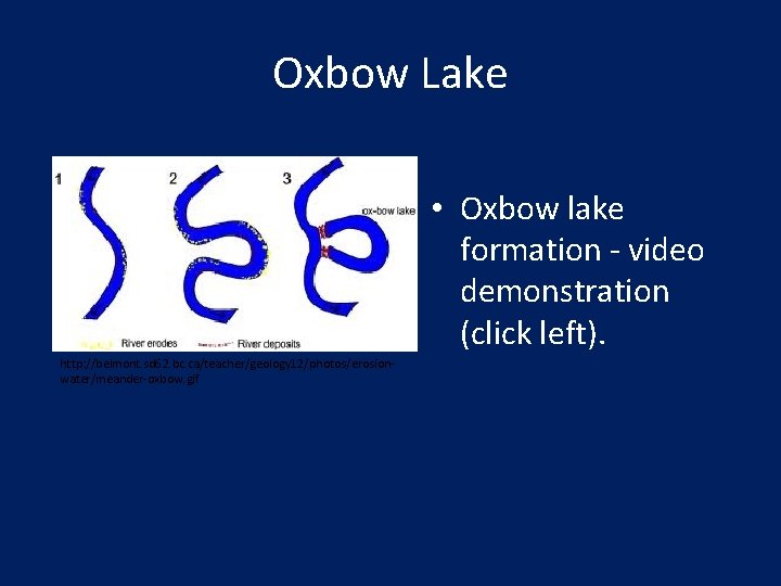 Oxbow Lake • Oxbow lake formation - video demonstration (click left). http: //belmont. sd