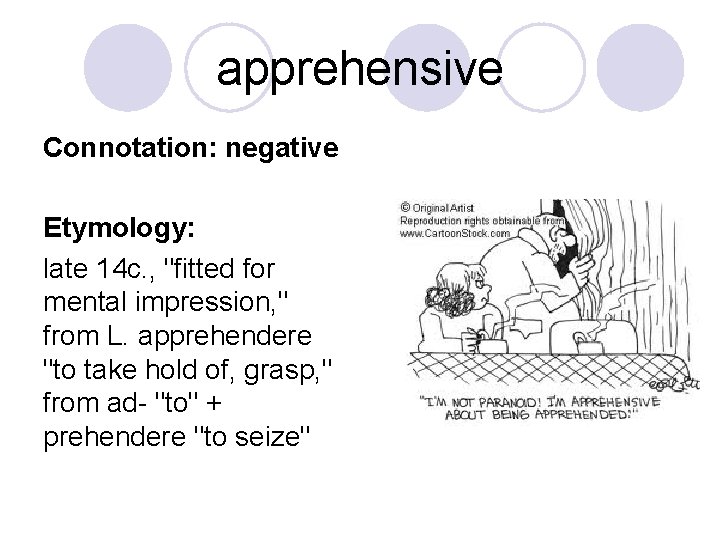 apprehensive Connotation: negative Etymology: late 14 c. , "fitted for mental impression, " from