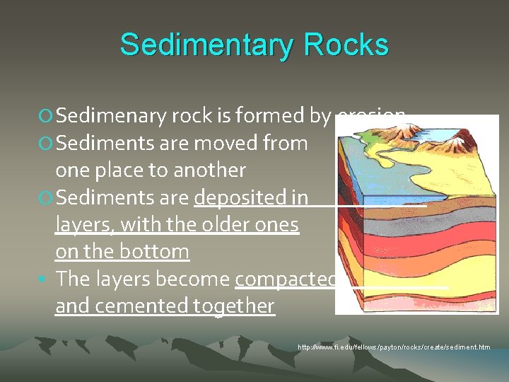 Sedimentary Rocks Sedimenary rock is formed by erosion Sediments are moved from one place