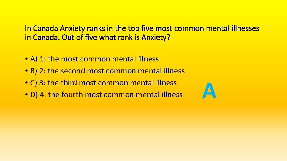 In Canada Anxiety ranks in the top five most common mental illnesses in Canada.