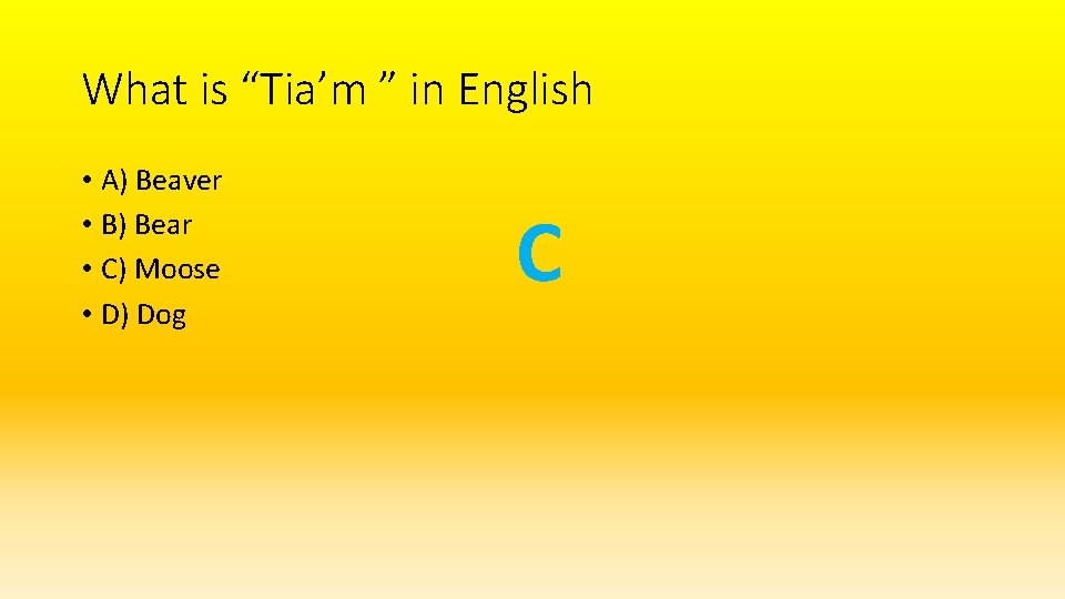 What is “Tia’m ” in English • A) Beaver • B) Bear • C)