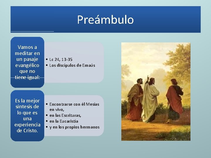 Preámbulo Vamos a meditar en un pasaje • Lc 24, 13 -35 evangélico •