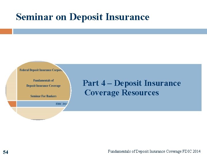 Seminar on Deposit Insurance Part 4 – Deposit Insurance Coverage Resources 54 54 Fundamentals